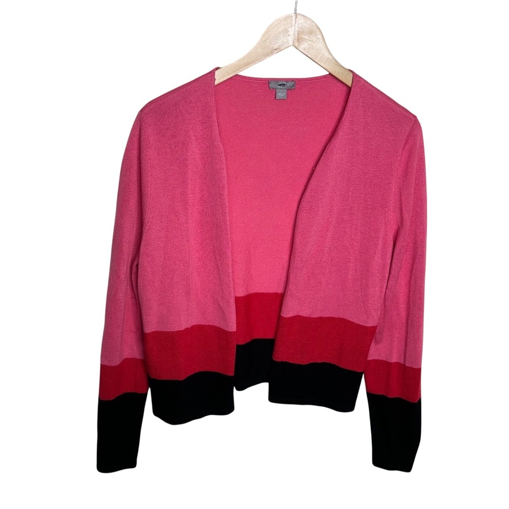 J. Jill Wool Blend Colorblock Open Cardigan size Large Pink/Red/Black